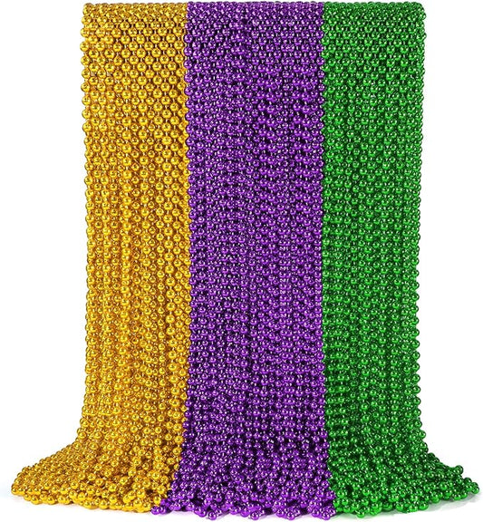 72 PCS Mardi Gras Beads Necklaces, Gold Green Purple Metallic Bead Necklaces 33” 7 mm Mardi Gras Beads Necklaces Accessories Bulk Party Beads Necklaces for Mardi Gras Party, Throw Beads Party Favors