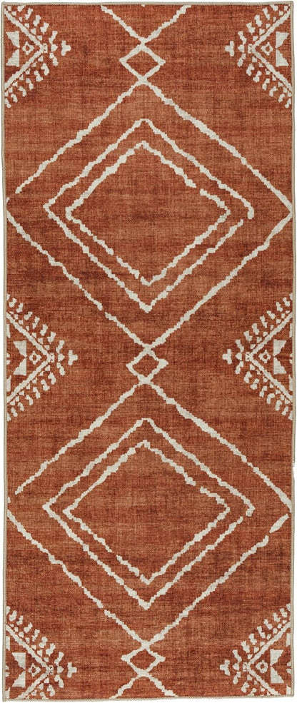 ReaLife Rugs Machine Washable Area Rug Runner - Living Room Bedroom Bathroom Kitchen Entryway Office - Padded Low Pile Stain Resistant Premium - Moroccan Diamond Tribal - Jax - Orange 2'6" x 10'