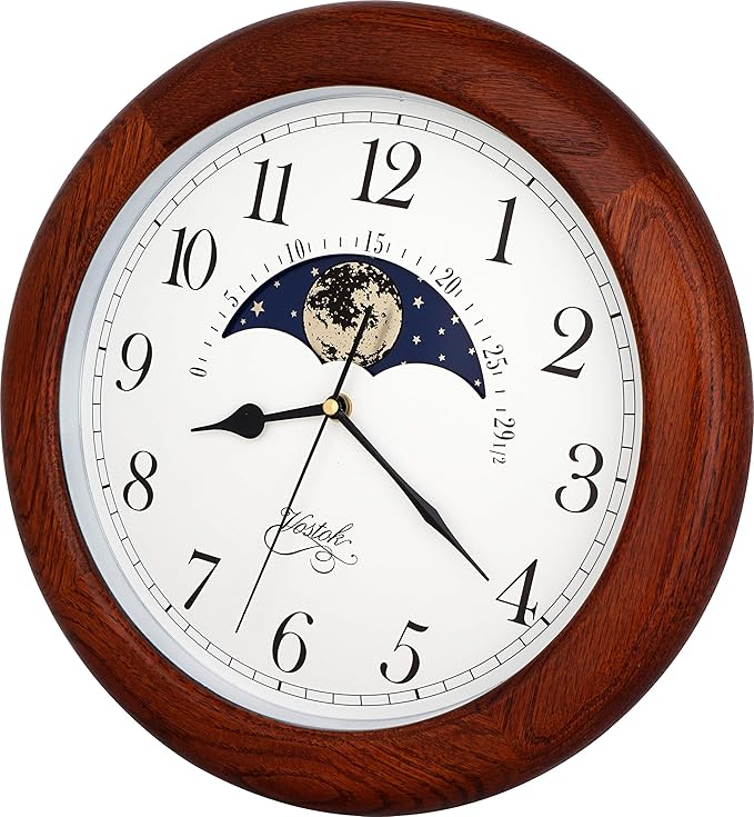 JUSTIME 14 Inch Exclusive Solid Oak Wood Non-Ticking Sweep Mechanical Specialty Moon Phase Moving Dial Wall Clock, Gift, Home Décor