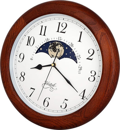 JUSTIME 14 Inch Exclusive Solid Oak Wood Non-Ticking Sweep Mechanical Specialty Moon Phase Moving Dial Wall Clock, Gift, Home Décor