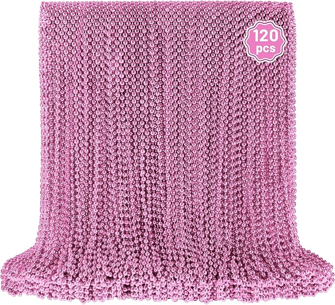 YAXINRUI 120 PCS Pink Bead Necklace, Pink Mardi Gras Beads, Cancer Awareness Beaded Necklaces, Valentine Necklace, 33 Inch Round Party Beads for Mardi Gras Christmas Cancer Awareness Month Events
