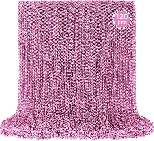 YAXINRUI 120 PCS Pink Bead Necklace, Pink Mardi Gras Beads, Cancer Awareness Beaded Necklaces, Valentine Necklace, 33 Inch Round Party Beads for Mardi Gras Christmas Cancer Awareness Month Events