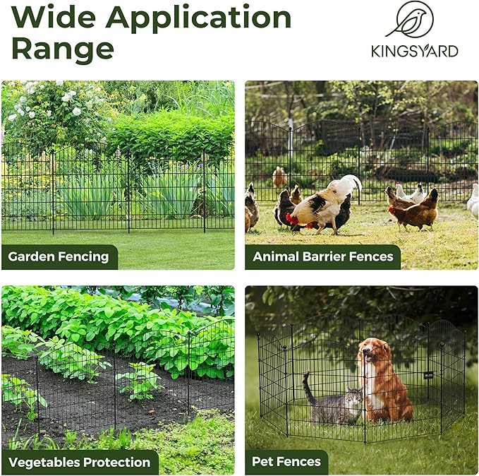 Kingsyard 32in(H) x11.6ft(L) No Dig Garden Fence Animal Barrier with Gate, 5 Panels Outdoor Dog Fences for Yard Patio, Rustproof Metal Garden Fencing for Rabbits, Temporary Fencing Stakes