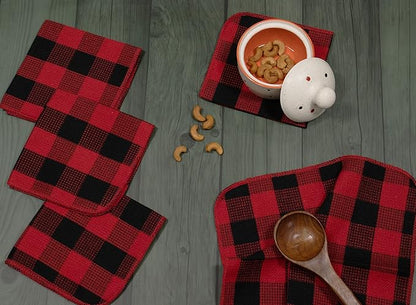 Waffle Weave Plaid Dish Cloths, 100% Cotton - 12 x 12 Inches, Ultra Soft Absorbent Quick Drying Dish Towels Buffalo Check Dish Rags for Kitchen, 8 Pack - Fall Thanksgiving - Red & Black