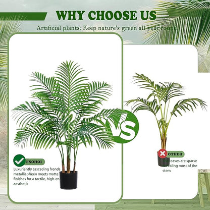 2 Pack Artificial Palm Tree 3FT Artificial Plants Indoor Tropical Fake Palm Tree Areca Floor Plant in Black Pot with 9 Trunks & Real Bark Design, Faux Palm Plant for Outdoor Patio Home Office Decor