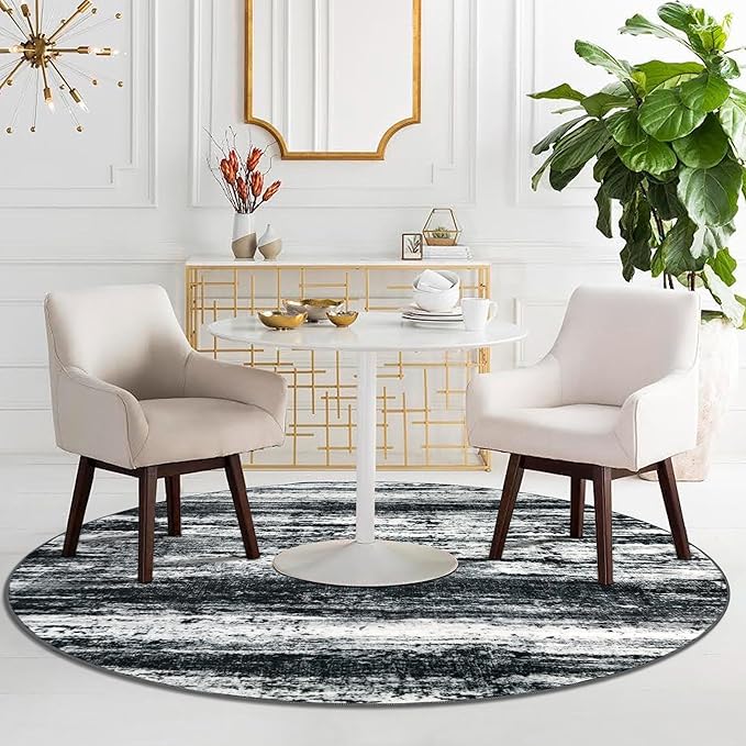 KOZYFLY Modern Abstract Washable Circle Rug 5Ft, Washable Kitchen Rug Non-Slip Soft Bathroom Round Rug, Black Navy Blue Grey Striped Entryway Rugs Faux Wool Doormat for Bedside Entrance Bedroom Sink