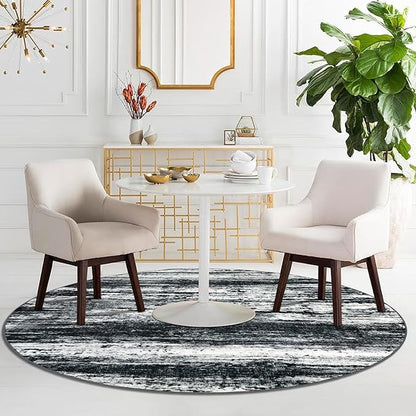 KOZYFLY Modern Abstract Washable Circle Rug 5Ft, Washable Kitchen Rug Non-Slip Soft Bathroom Round Rug, Black Navy Blue Grey Striped Entryway Rugs Faux Wool Doormat for Bedside Entrance Bedroom Sink