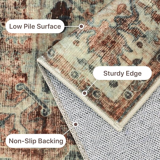 GENIMO Machine Washable 9x12 Area Rugs for Living Room, Non Slip Vintage Rugs, Low Pile Lightweight Chenille Print Rug for Bedroom, Dining Room, Home Office, Dark Scarlet