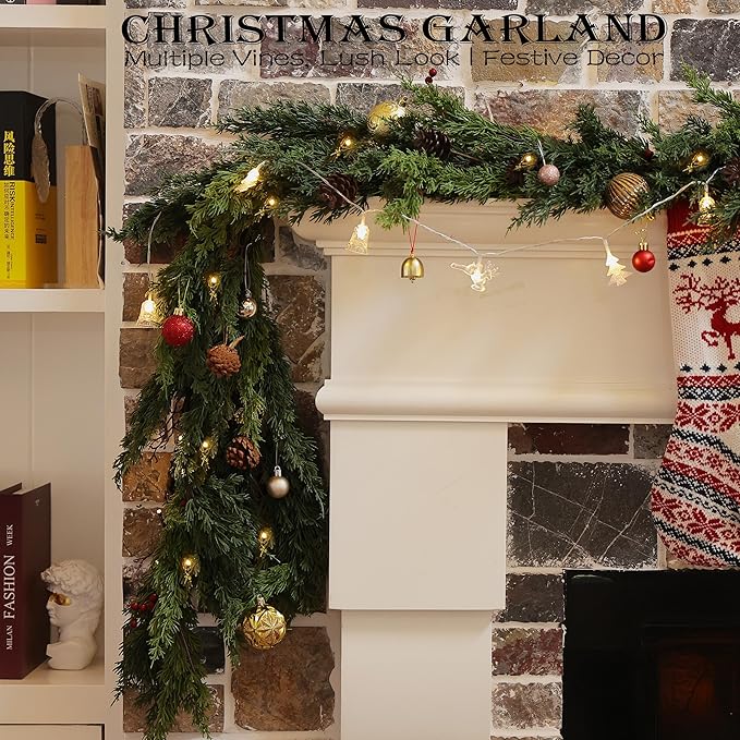 6 Feet Pre-Lit Artificial Christmas Garland with Lights -Real Touch Cedar Garland -Battery Operated -Christmas Decorations -Garland for Table, Fireplace, Mantle,Wall, Indoor Outdoor -Home Decor