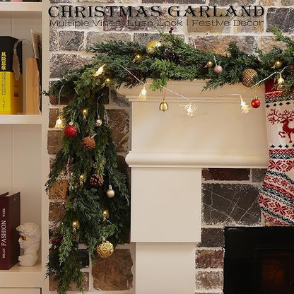 6 Feet Pre-Lit Artificial Christmas Garland with Lights -Real Touch Cedar Garland -Battery Operated -Christmas Decorations -Garland for Table, Fireplace, Mantle,Wall, Indoor Outdoor -Home Decor