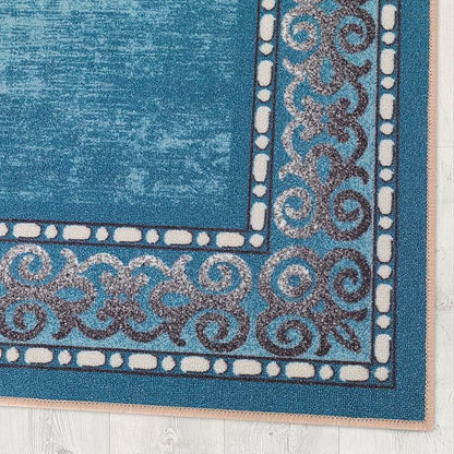 Antep Rugs Alfombras Bordered Modern 4x6 Non-Slip (Non-Skid) Low Pile Rubber Backing Indoor Area Rug (Turquoise Blue, 4' x 5'8")
