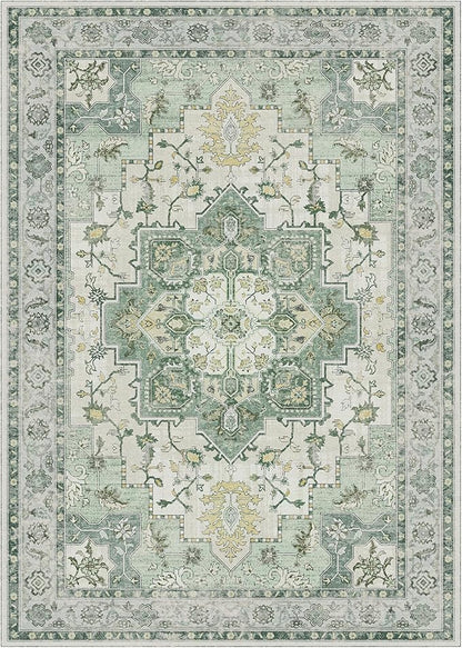 GENIMO 7'6''x9'6'' Area Rugs for Living Room, Machine Washable Non Slip Vintage Rugs, Low Pile Lightweight Chenille Print Rug for Bedroom, Dining Room, Home Office, Green