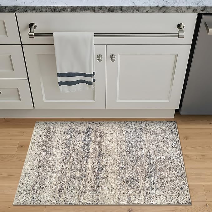 Bloom Rugs Washable Non-Slip 2x3 Rug - Beige Brown/Teal Traditional Oriental Area Rug for Living Room, Bedroom, Dining Room, and Kitchen - Exact Size: 2' x 3'