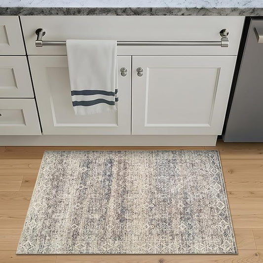 Bloom Rugs Washable Non-Slip 2x3 Rug - Beige Brown/Teal Traditional Oriental Area Rug for Living Room, Bedroom, Dining Room, and Kitchen - Exact Size: 2' x 3'