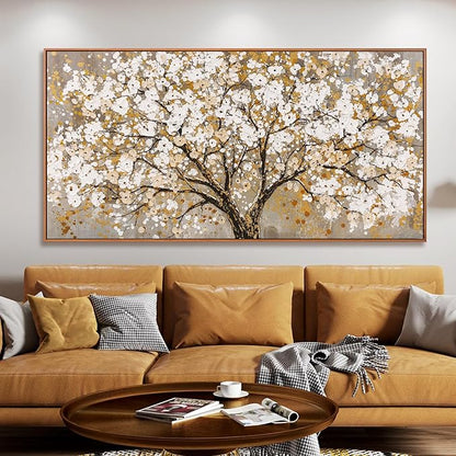 Large Wall Art Print Gold Abstract Tree Of Life Framed Modern Artwork Canvas Painting Gold Tree Pictures Home Decor Ready To Hang For Bedroom Living Room 29" X 58"