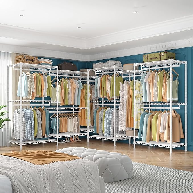 Raybee Clothing Rack for Hanging Clothes,Heavy Duty Clothes Rack with Shelves,Portable Closet,Adjustable,Metal,Max Load 900lbs,White