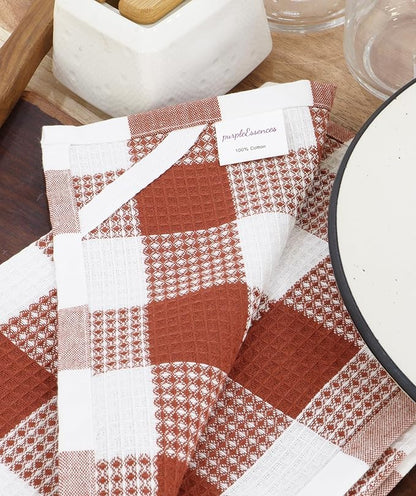 PurpleEssences Rust 100% Cotton Waffle Weave Check Plaid Kitchen Towels, Super Soft and Absorbent Dish Towels for Drying Dishes 15 x 25-4 Pack - Fall Thanksgiving - Rust and White