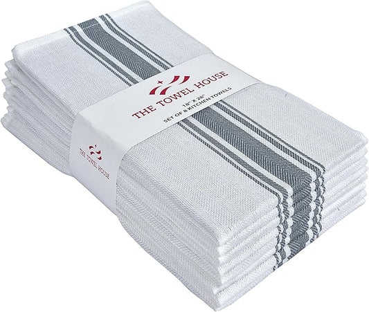 100% Cotton Kitchen Towels – Ultra Absorbent and Quick-Dry Dish Towels – Durable, Lint-Free and Soft Weave with Hanging Loop – Extra Large 18x28 Inches – Grey (Pack of 8)