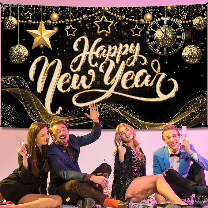 KatchOn, XtraLarge Happy New Year Banner - 72x44 Inch | Happy New Year Backdrop for Happy New Years Decorations 2026 | NYE Decorations 2026, New Years Eve Party Supplies 2026