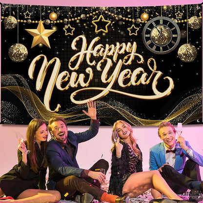 KatchOn, XtraLarge Happy New Year Banner - 72x44 Inch | Happy New Year Backdrop for Happy New Years Decorations 2026 | NYE Decorations 2026, New Years Eve Party Supplies 2026