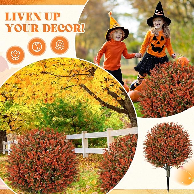 24 Fall Artificial Topiary Ball Trees with Flowers Set of 2, Outdoor Fake Topiary with Ground Spike, UV Resistant Faux Artificial Plant Bush for Indoor Front Porch Garden(2 Pack, Golden)