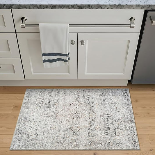 Bloom Rugs Washable Non-Slip 2x3 Rug - Ivory/Gray/Caramel Traditional Oriental Area Rug for Living Room, Bedroom, Dining Room, and Kitchen - Exact Size: 2' x 3'