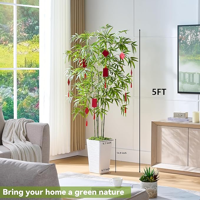 Artificial Bamboo Tree 5FT Tall Fake Plants Faux Bamboo Plant with White Tall Planter, Artificial Fake Trees Silk Plant with 5 Trunks and Lifelike Leaves for Home Office Indoor Outdoor Decor