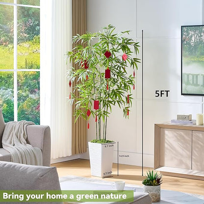 Artificial Bamboo Tree 5FT Tall Fake Plants Faux Bamboo Plant with White Tall Planter, Artificial Fake Trees Silk Plant with 5 Trunks and Lifelike Leaves for Home Office Indoor Outdoor Decor