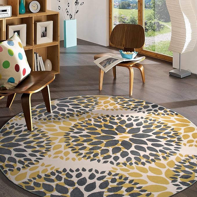 Rugshop Modern Yellow Floral Circles Design Area Rug – Elegant Non-Shedding, 6'6" Round for Living Room, Bedroom, Dining Room, Kitchen