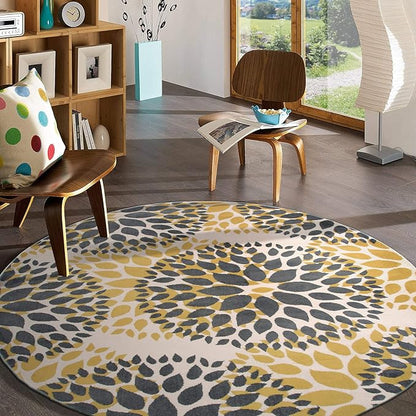 Rugshop Modern Yellow Floral Circles Design Area Rug – Elegant Non-Shedding, 6'6" Round for Living Room, Bedroom, Dining Room, Kitchen