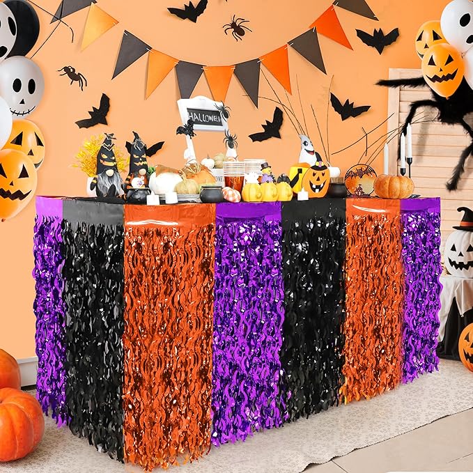 Halloween Party Decorations, 2 Pack Orange Purple Black Wavy Metallic Tinsel Foil Fringe Table Skirts, Perfect Rectangle or Round Table Decor for Halloween Birthday Home Indoor Outdoor Party Supplies