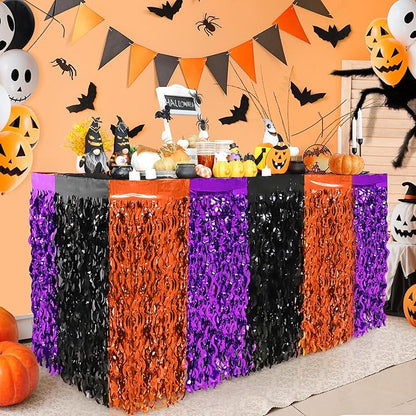 Halloween Party Decorations, 2 Pack Orange Purple Black Wavy Metallic Tinsel Foil Fringe Table Skirts, Perfect Rectangle or Round Table Decor for Halloween Birthday Home Indoor Outdoor Party Supplies