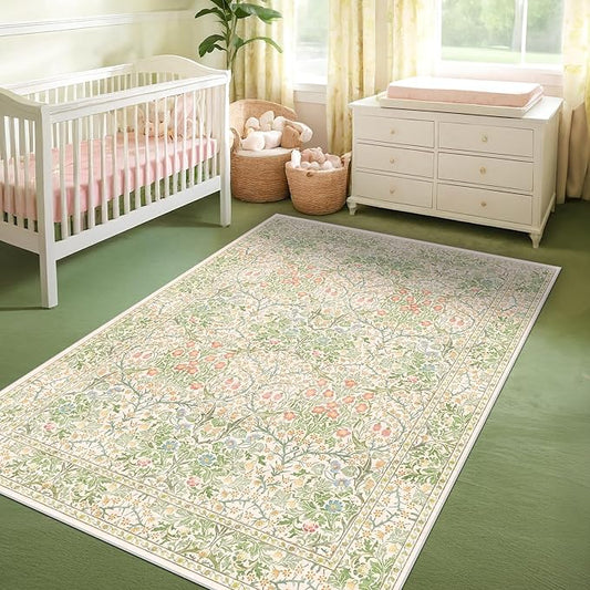 Hazo Haus Light Green Bedroom Rug 5x7 Area Rug for Living Room, Vintage Washable Floral Floor Mat for Nursery, Dining Room Low Pile Non Slip Stain Resistance Distressed Retro Indoor (5x7 Beige Green)