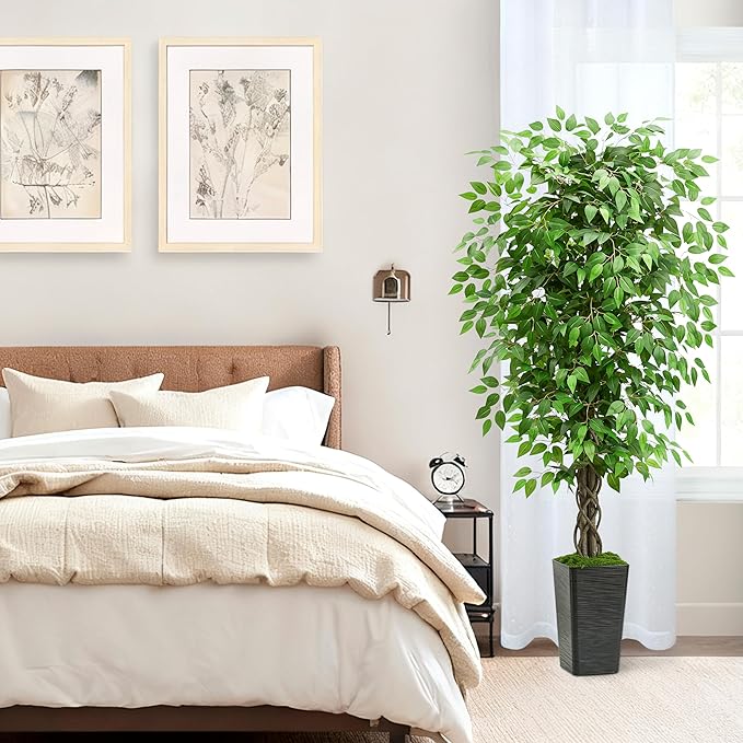 Artificial Ficus Tree 5FT Faux Plants Indoor Tall Fake Plants with Black Square Planter, Green Lifelike Lush Fake Ficus Tree for Home Living Room Bedroom Outdoor Balcony House Office Decor