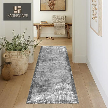 2'6'' x 8' Washable Area Rug - Low Pile Soft Vintage Indoor Rug for Living, Dining or Bedroom - Lightweight Carpet with Non-Slip Backing - Foldable for Easy Placement, Grey