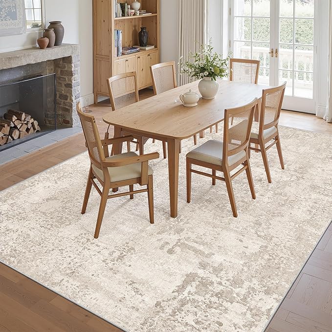 Art&Tuft Washable Rugs 9x12, Abstract Area Rugs 9x12 Living Room - Non Slip and Low Pile Soft Thin Rug for Bedroom, Dining Room, Kitchen, Office, Beige