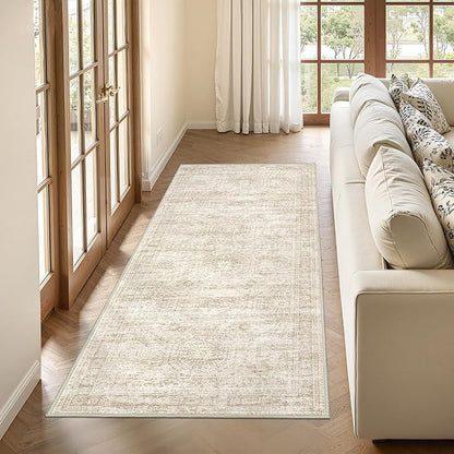 3x8 Runner Rug Non Slip Washable for Entryway, Vintage Hallway Runner for Front Porch, Laundry Room, Bedroom, Abstract Stain Resistant Thin Indoor Kitchen Mats for Floor(3'x8', Beige/Ivory)