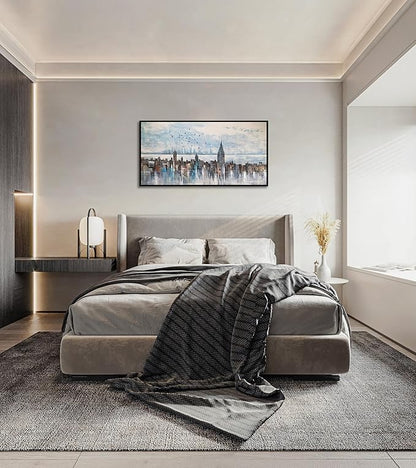 Arjun Cityscape Wall Art New York City Buildings Picture Modern Abstract Grey Skyline Birds NYC Painting Artwork for Bedroom Living Room Bathroom Home Office Decor, Large Size Black Framed 58"x29"