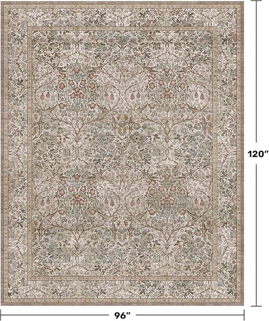 Vintage Moss Green Living Room Rug, 8x10 Washable Area Rugs for Bedroom, Dining Room Rugs Under Kitchen Table, Oriental Taupe Low Pile Stain Resistant Non-Slip Large Rug