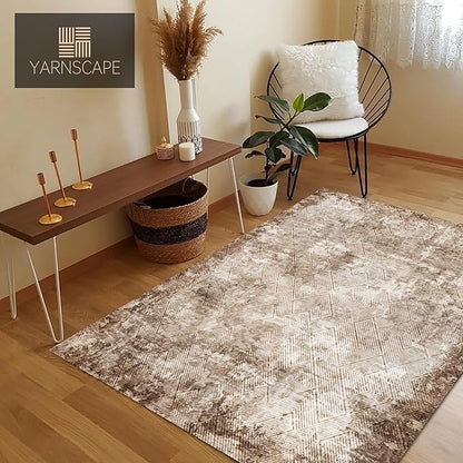 5' x 7' Washable Area Rug - Low Pile Soft Vintage Indoor Rug for Living, Dining or Bedroom - Lightweight Carpet with Non-Slip Backing - Foldable for Easy Placement, Brown