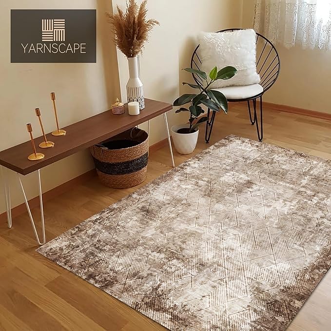4' x 6' Washable Area Rug - Low Pile Soft Vintage Indoor Rug for Living, Dining or Bedroom - Lightweight Carpet with Non-Slip Backing - Foldable for Easy Placement, Brown