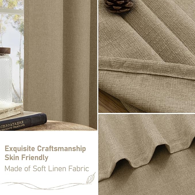 LAMIT Tan Brown Linen Curtains for Bedroom, 54 inches Grommet Thermal Insulated Thick Farmhouse Curtains Noise Reducing Window Treatment Burlap Drapes for Living Room, Set of 2 Panels, W52 x L54