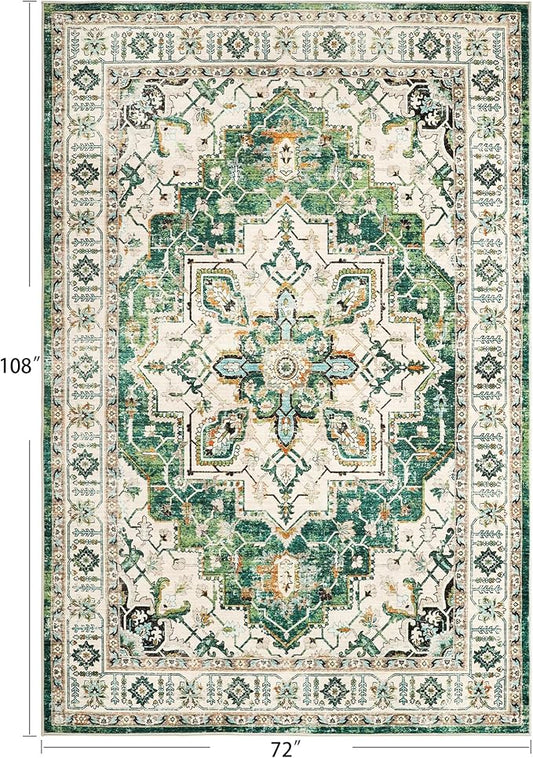 zesthome 6x9 Area Rugs, Machine Washable Rugs for Living Room, Bedroom,Stain Resistant Vintage Large Area Rug,Non-Slip Medallion Pattern Home Decor Rugs (Green,6'x9')