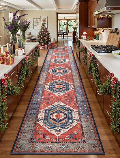 SERISSA Runner Rug for Hallways, 2'6"x16' Washable Non Slip Kitchen Runner Rug, Extra Long Boho Rug Ultra Soft Vintage Rust Print Floor Carpet for Bedroom Hallway Entryway Bathroom Laundry Room