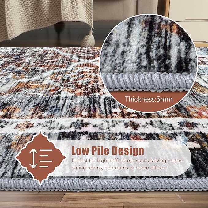 4' x 6' Washable Area Rug - Low Pile Soft Vintage Indoor Rug for Living, Dining or Bedroom - Lightweight Carpet with Non-Slip Backing - Foldable for Easy Placement, Multi