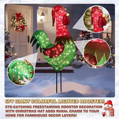 6FT Lighted Rooster with Christmas Hat for Outdoor Christmas Decorations, 3D Pre-Lit Iridescent Rooster Xmas Decor, Glittered Standing Holiday Display Rooster for Outdoor, Indoor
