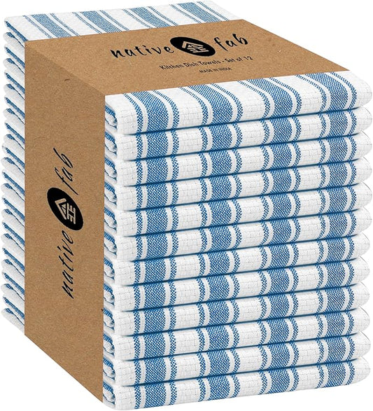 Native Fab Stripe Kitchen Towels - 100% Cotton - 12 Pack - 16"x26" - Striped Tea Towels, Dish Cloths for Drying Dishes, Absorbent, Quick Dry Towel Set with Hanging Loop - Turquiose Blue