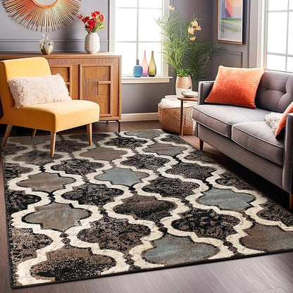 Superior Indoor Area Rug, Jute Backing, Modern Plush Rugs for Hallway, Living, Dining Room, Office, Kitchen, Geometric Trellis Floor Decor, Viking Collection, 6' x 9', Chocolate