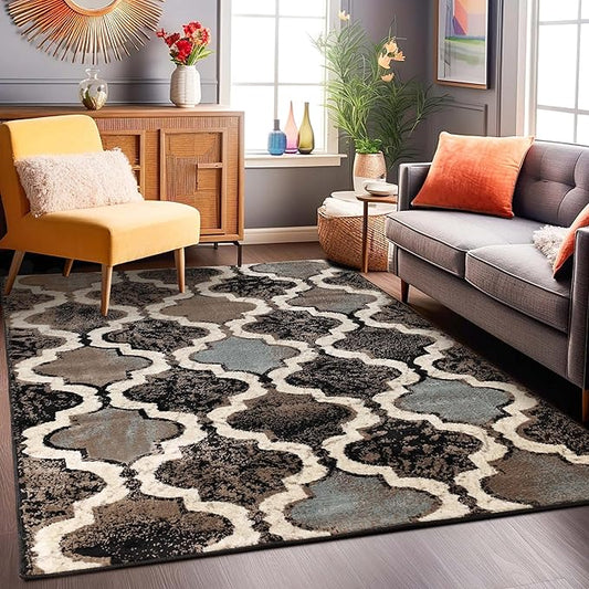 Superior Indoor Area Rug, Jute Backing, Modern Plush Rugs for Hallway, Living, Dining Room, Office, Kitchen, Geometric Trellis Floor Decor, Viking Collection, 6' x 9', Chocolate