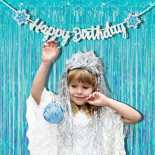 BRAVESHINE Iridescent Blue Foil Fringe Backdrop - 2 Pack 3.2x6.5 ft Holographic Tinsel Streamers Curtains for Christmas/Frozen/Winter’s Snowflake/Birthdays/Mermaid/Sea Party Decorations